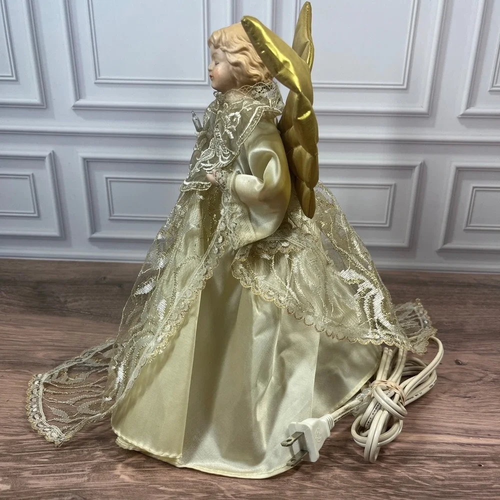 Vintage Animated Angel Tree Topper Christmas 11in Gold Cream Moving Wings Lit - Picture 7 of 13